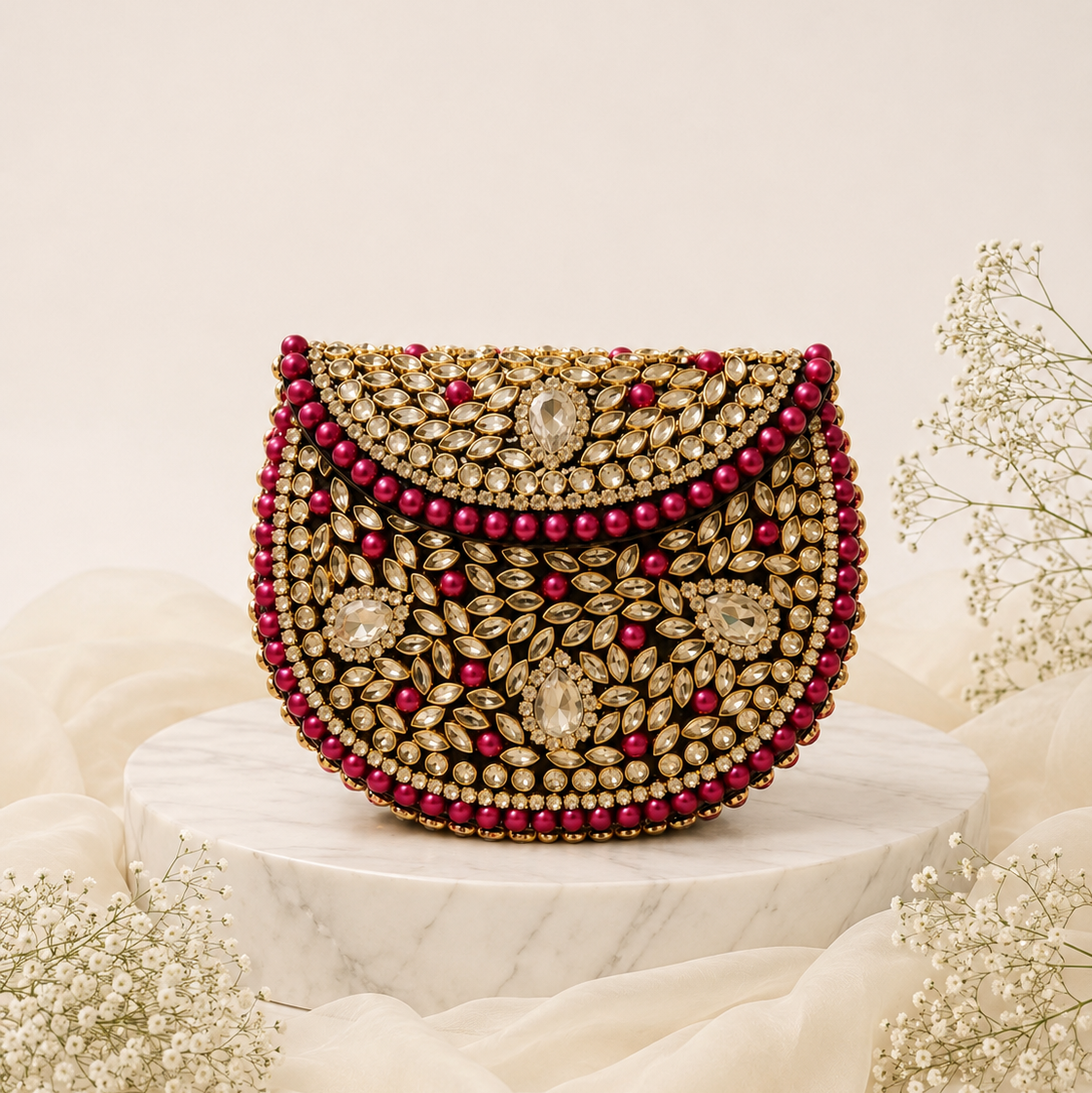 An ornate gold-toned embellished clutch bag with red beads and clear stones, displayed on a white marble pedestal with soft cream fabric and baby's breath flowers.